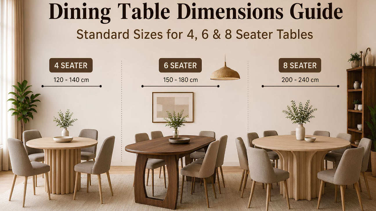 Dining table dimensions guide showing standard sizes for 4, 6 and 8 seater dining tables