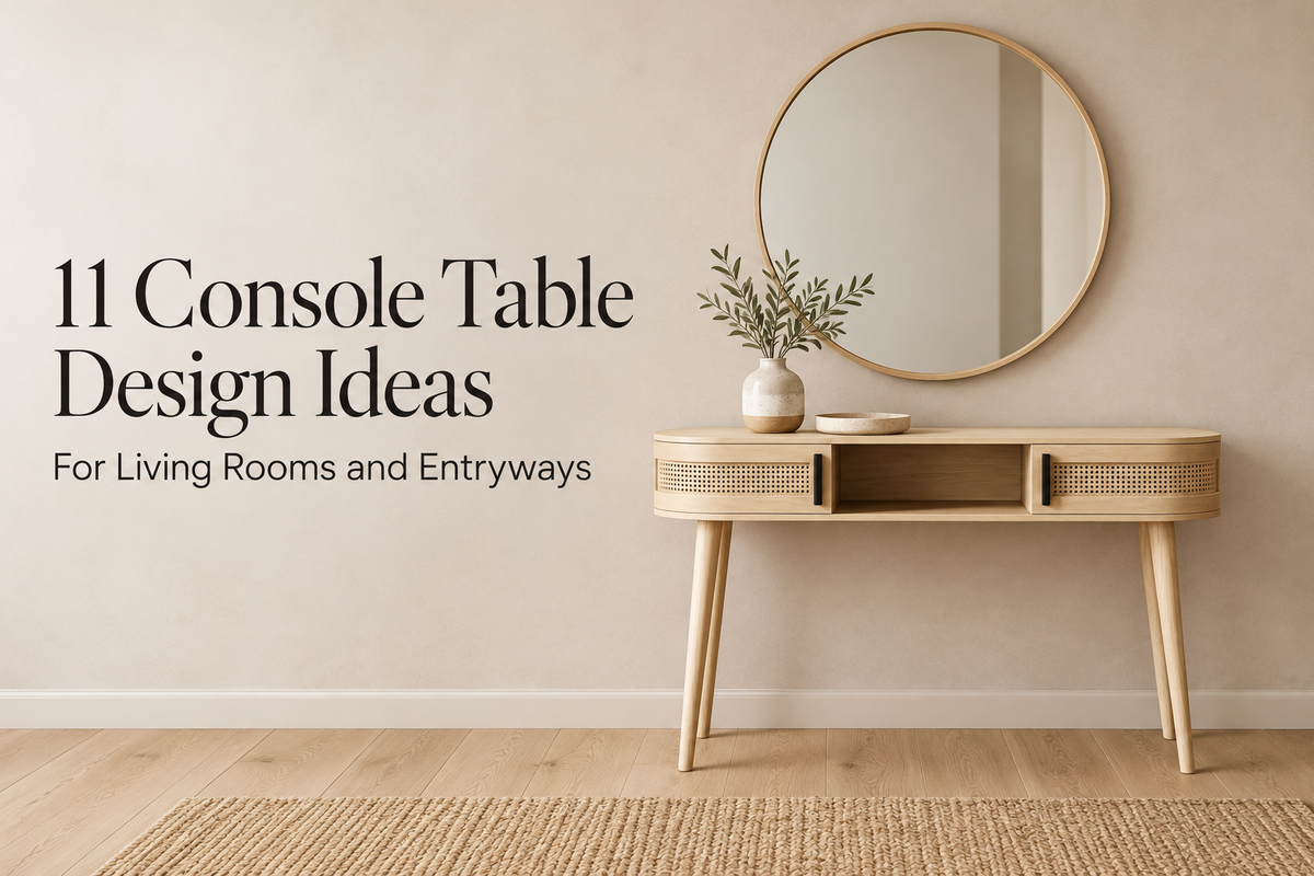 Wooden cane console table with a round mirror beneath the heading “11 Console Table Design Ideas for Living Rooms and Entryways”