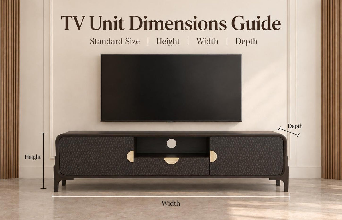 TV unit dimensions guide showing standard TV unit height width and depth
