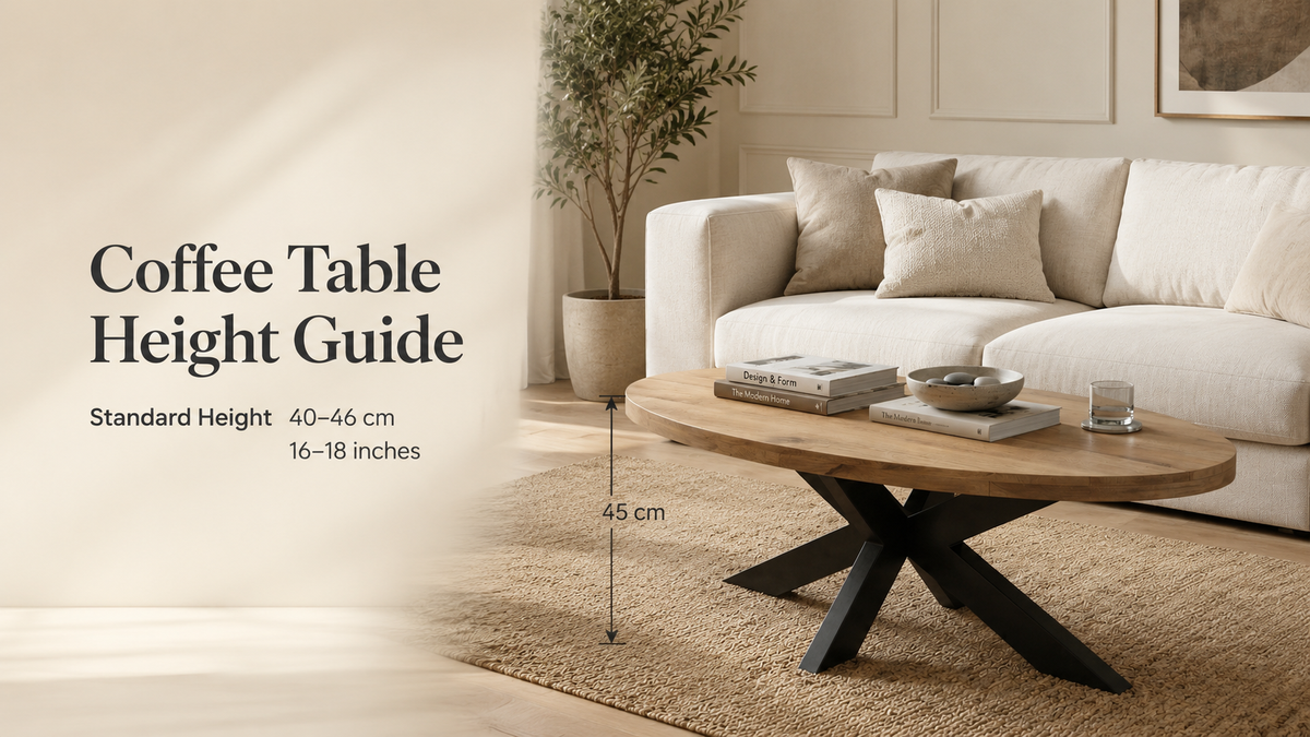 Coffee table height guide showing a 45 cm wooden coffee table aligned with a living room sofa