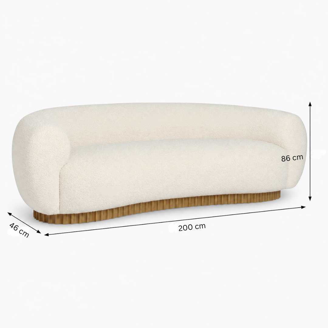 A curved upholstered sofa shown on a light gray background with dimension arrows and labels indicating 200 cm length, 46 cm width, and 86 cm height.