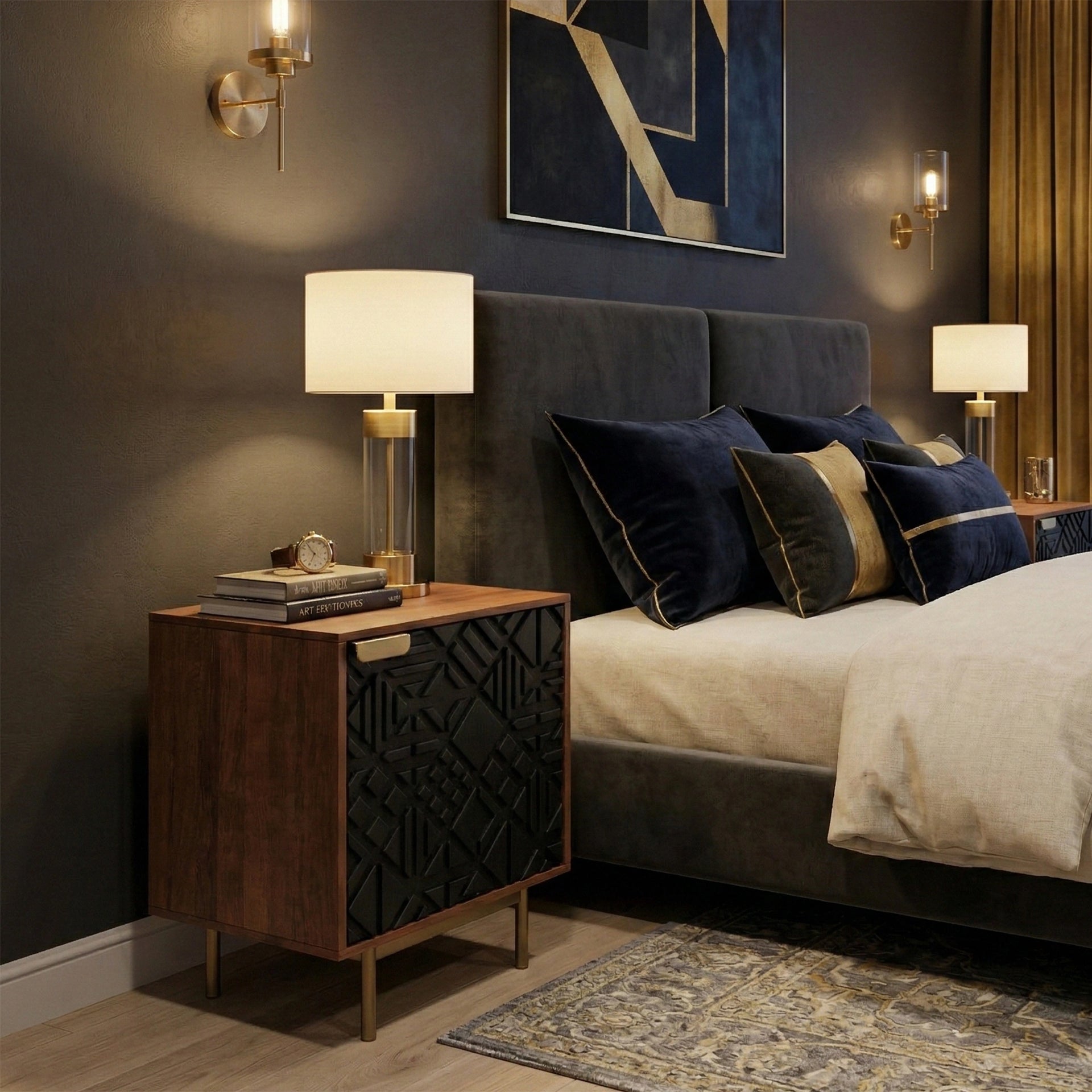 Geo Noir Bedside Table (Walnut Finish)