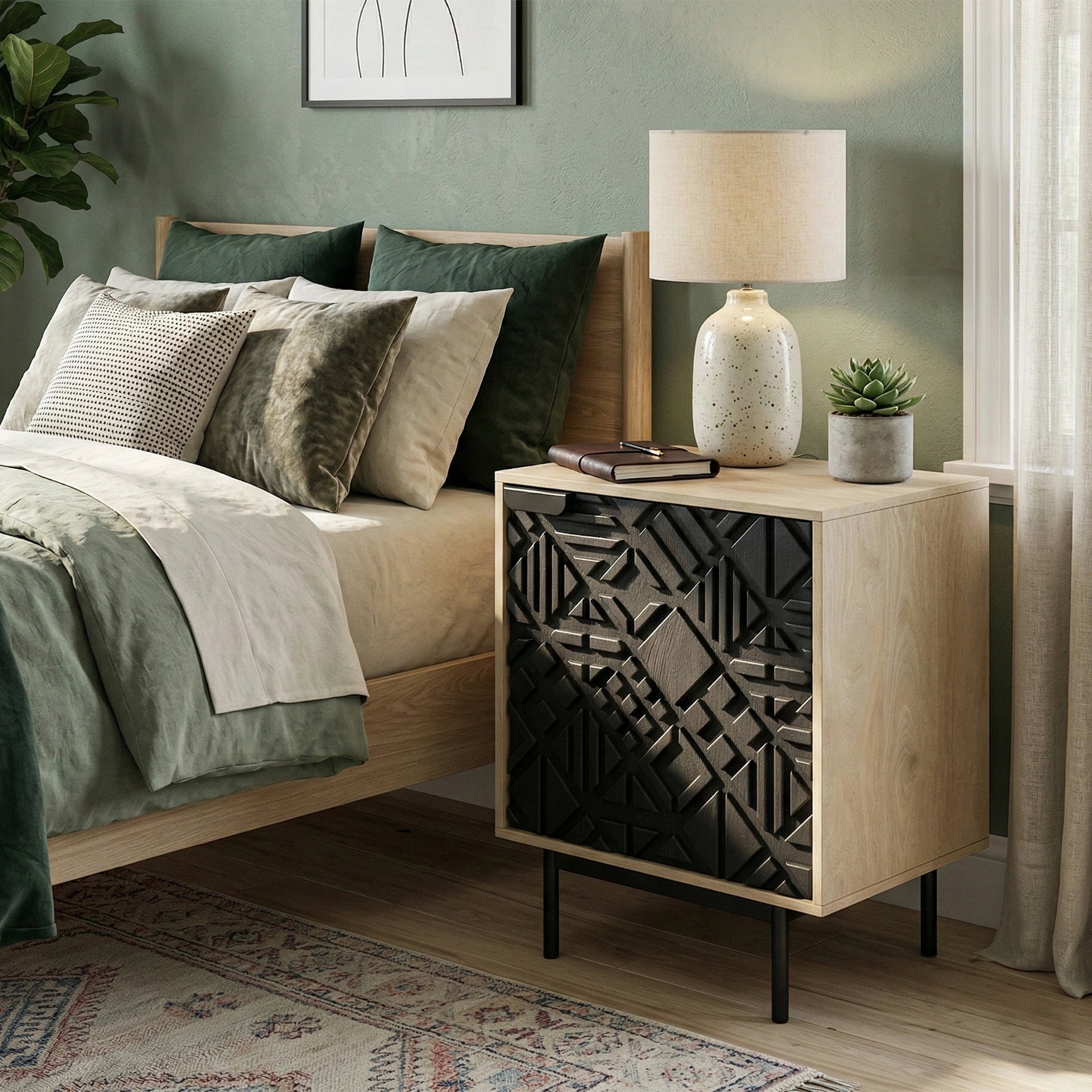 Geo Noir Bedside Table (Natural Finish)