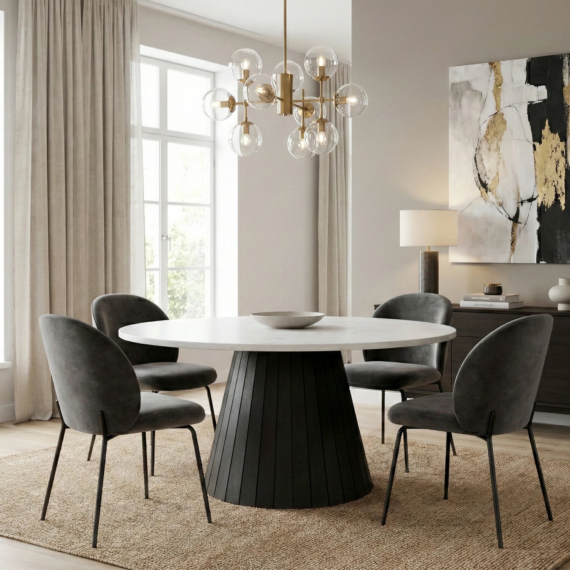 Obsidian Arch 6 Seater Dining Table with Marble Top - Black