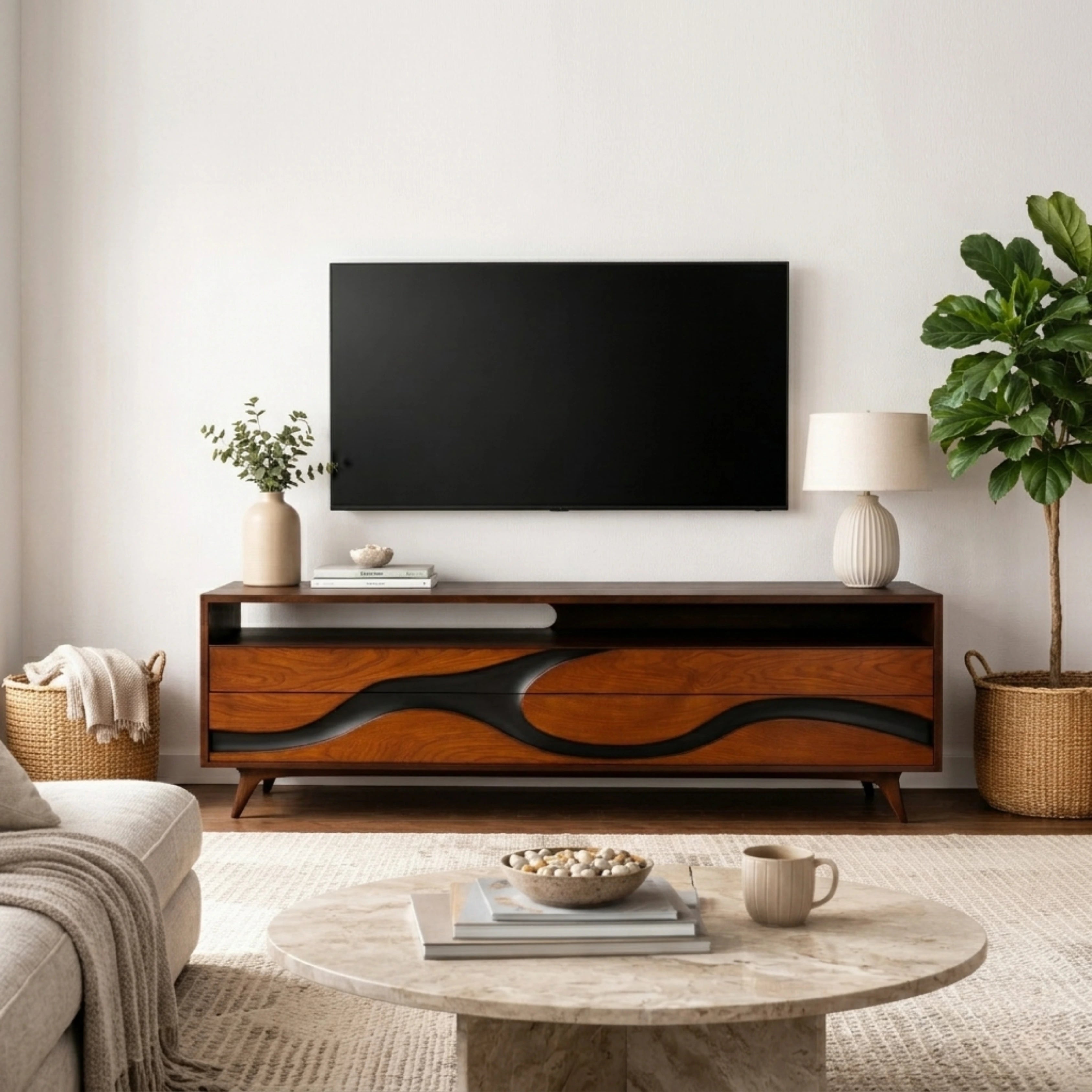 Modern living room with wooden TV stand, flat-screen TV, and decorative items.